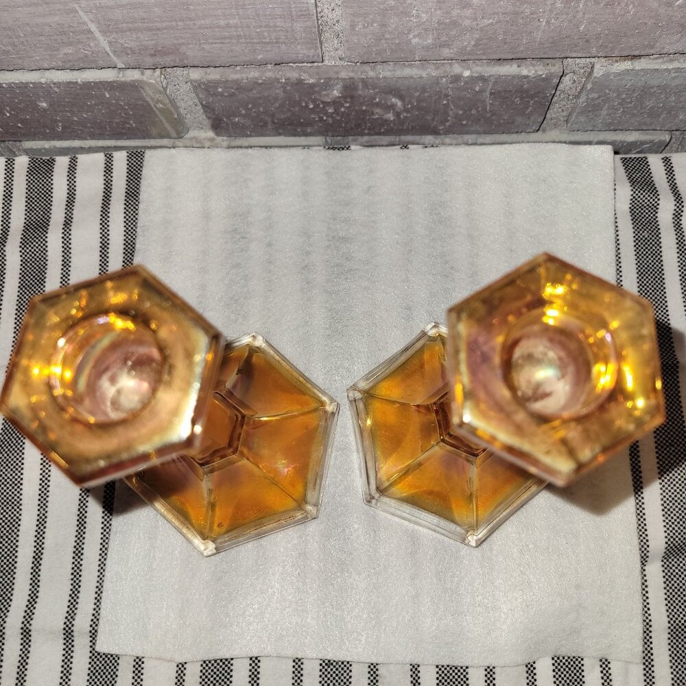 Iridescent Amber Glass Candlestick Holders - Pair - Picture 4 of 9